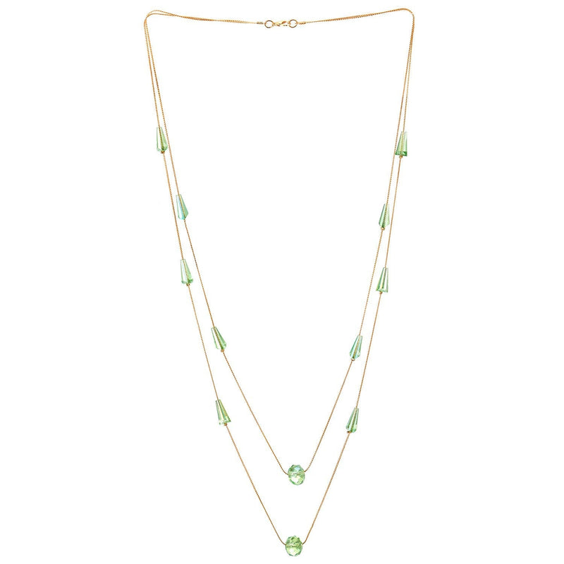 Gold Statement Necklace Two-Strand Long Chains with light Green Cone Crystal Beads Charms Pendant - coolsteelandbeyond