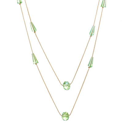 Gold Statement Necklace Two-Strand Long Chains with light Green Cone Crystal Beads Charms Pendant - coolsteelandbeyond