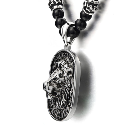 Gothic Style Mens Beads Necklace with Stainless Steel Lion Head Shield Pendant