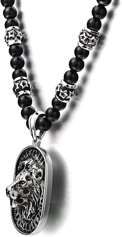 Gothic Style Mens Beads Necklace with Stainless Steel Lion Head Shield Pendant