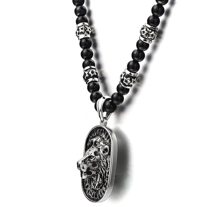 Gothic Style Mens Beads Necklace with Stainless Steel Lion Head Shield Pendant