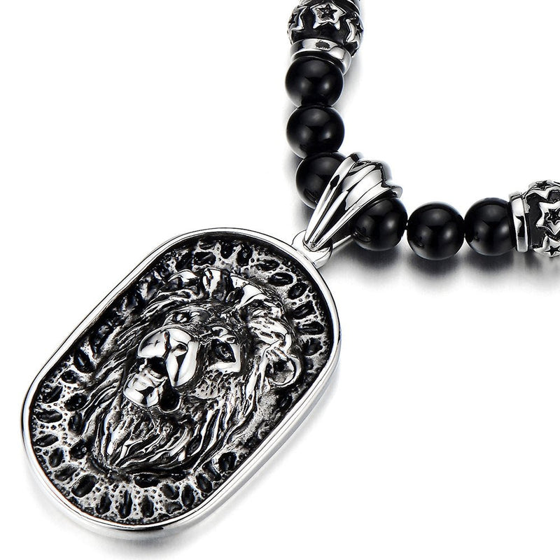 Gothic Style Mens Beads Necklace with Stainless Steel Lion Head Shield Pendant