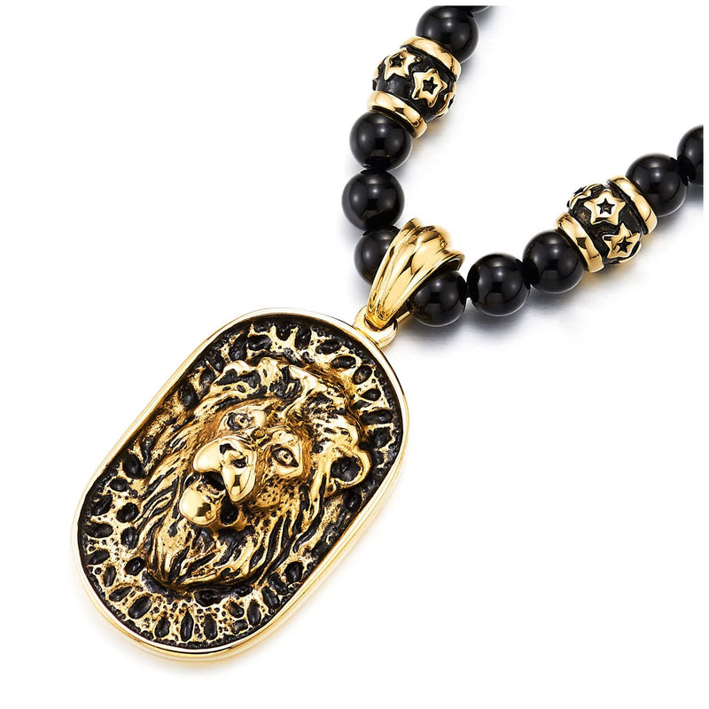 Gothic Style Mens Black Onyx Beads Necklace with Gold Black Stainless Steel Lion Head Shield Pendant - COOLSTEELANDBEYOND Jewelry