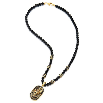 Gothic Style Mens Black Onyx Beads Necklace with Gold Black Stainless Steel Lion Head Shield Pendant - COOLSTEELANDBEYOND Jewelry