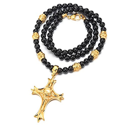 Gothic Style Black Onyx Beads Necklace for Men, Featuring Stainless Steel Cross Skulls, Ideal for Casual Wear or Themed Events - COOLSTEELANDBEYOND Jewelry