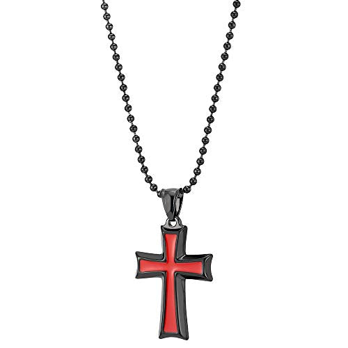 COOLSTEELANDBEYOND Mens Womens Stainless Steel Black Cross Pendant Necklace with Red Enamel, 23.6 inches Ball Chain - coolsteelandbeyond