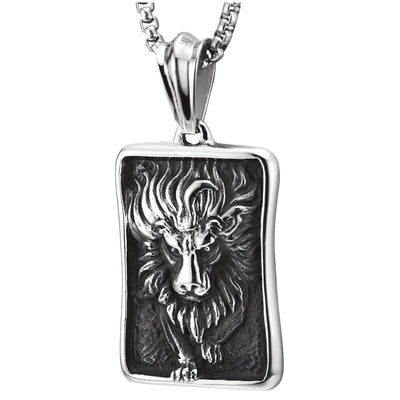 Men Steel Vintage Lion Textured Dog Tag Pendant Necklace, Oxidized Black, 23.6 In Wheat Chain - COOLSTEELANDBEYOND Jewelry