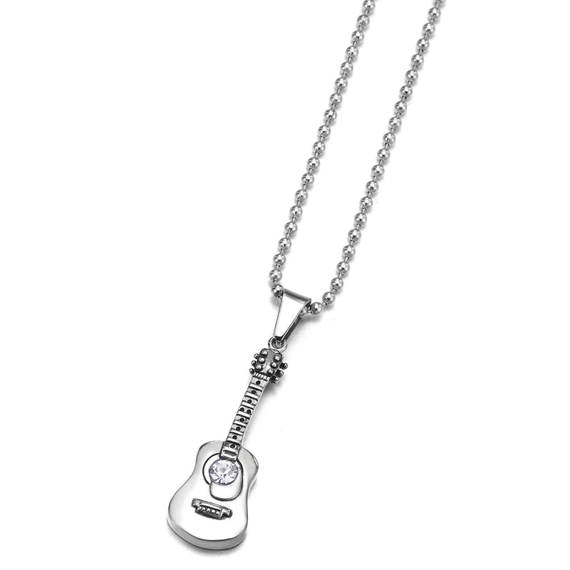 Men Women Rock Punk Steel Vintage Guitar Pendant Necklace with Cubic Zirconia 23.6 inches Ball Chain