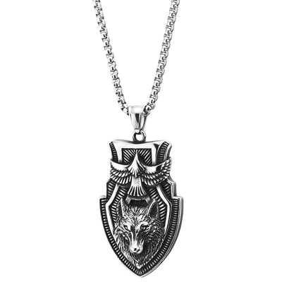 Mens Special Stainless Steel Eagle Wolf Head Knight Shield Pendant Necklace 23.6 inches Wheat Chain - COOLSTEELANDBEYOND Jewelry