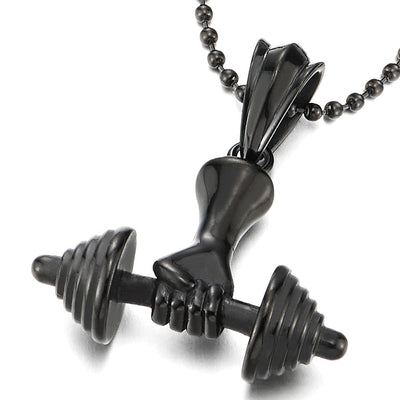 Mens Steel Hand Weight Lifting Barbell Dumbbell Pendant Necklace with 30 inches Ball Chain - coolsteelandbeyond