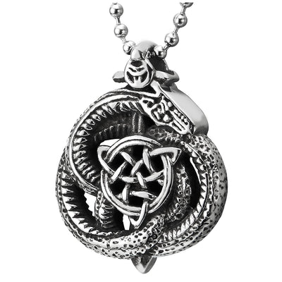 Mens Steel Vintage Coiled Dragon Trinity Celtic Knot Pendant Necklace with 30 inches Ball Chain - COOLSTEELANDBEYOND Jewelry