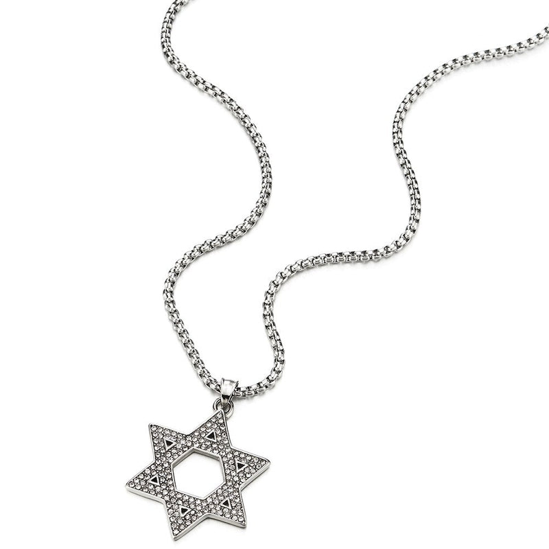 Mens Women Large Star-of-David Pendant Necklace with Cubic Zirconia, Stainless Steel - coolsteelandbeyond