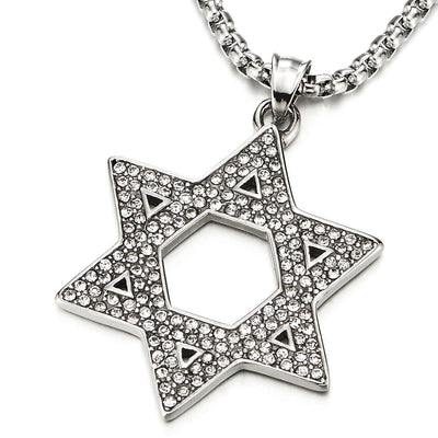 Mens Women Large Star-of-David Pendant Necklace with Cubic Zirconia, Stainless Steel - coolsteelandbeyond