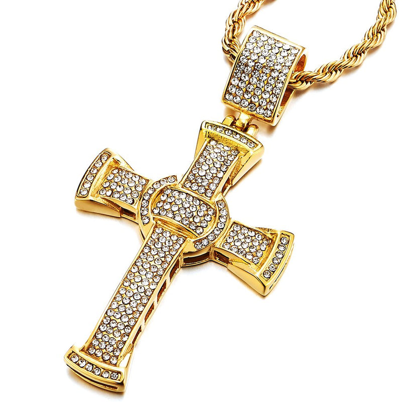 COOLSTEELANDBEYOND Mens Women Large Steel Gold Cross Pendant Necklace with Cubic Zirconia and 30 inches Rope Chain - coolsteelandbeyond