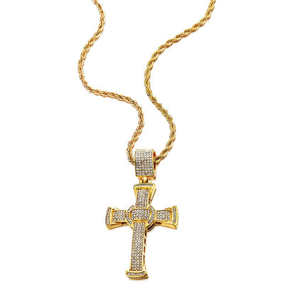 COOLSTEELANDBEYOND Mens Women Large Steel Gold Cross Pendant Necklace with Cubic Zirconia and 30 inches Rope Chain - coolsteelandbeyond