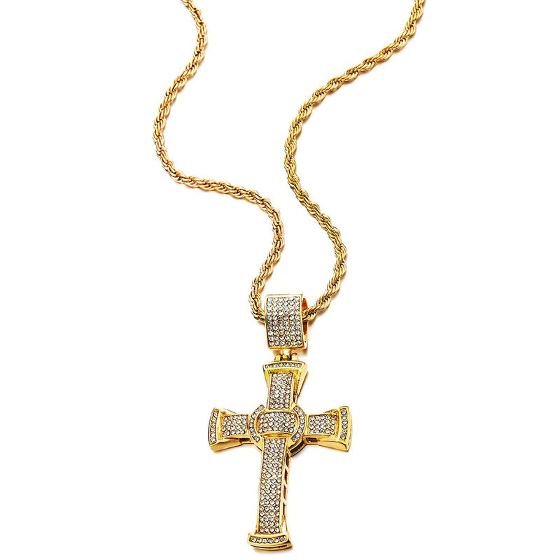 COOLSTEELANDBEYOND Mens Women Large Steel Gold Cross Pendant Necklace with Cubic Zirconia and 30 inches Rope Chain - coolsteelandbeyond