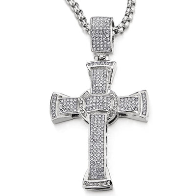 COOLSTEELANDBEYOND Mens Women Large Steel Gold Cross Pendant Necklace with Cubic Zirconia and 30 inches Rope Chain - coolsteelandbeyond