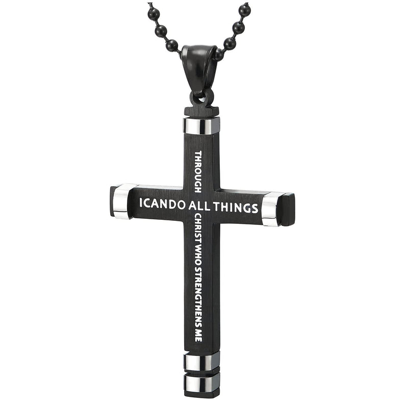 Mens Women Silver Black Steel Philippians 4:13 Bible Verse Cross Pendant Necklace with White Enamel - COOLSTEELANDBEYOND Jewelry