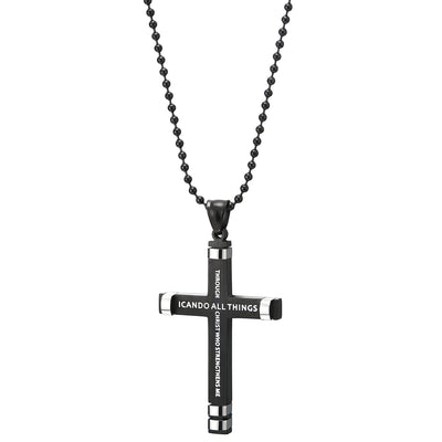 Mens Women Silver Black Steel Philippians 4:13 Bible Verse Cross Pendant Necklace with White Enamel - COOLSTEELANDBEYOND Jewelry
