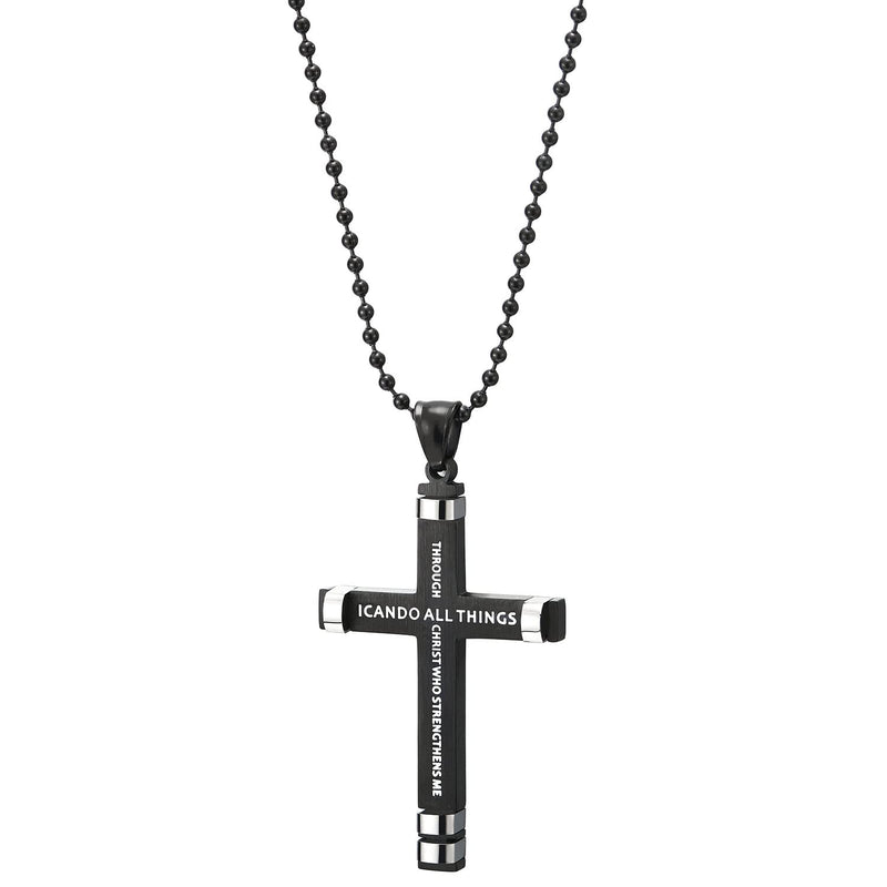 Mens Women Silver Black Steel Philippians 4:13 Bible Verse Cross Pendant Necklace with White Enamel - COOLSTEELANDBEYOND Jewelry