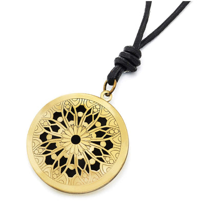 Mens Womens Aged brass Hollow Locket Pendant Necklace with Flower Pattern, Adjustable Leather Cord