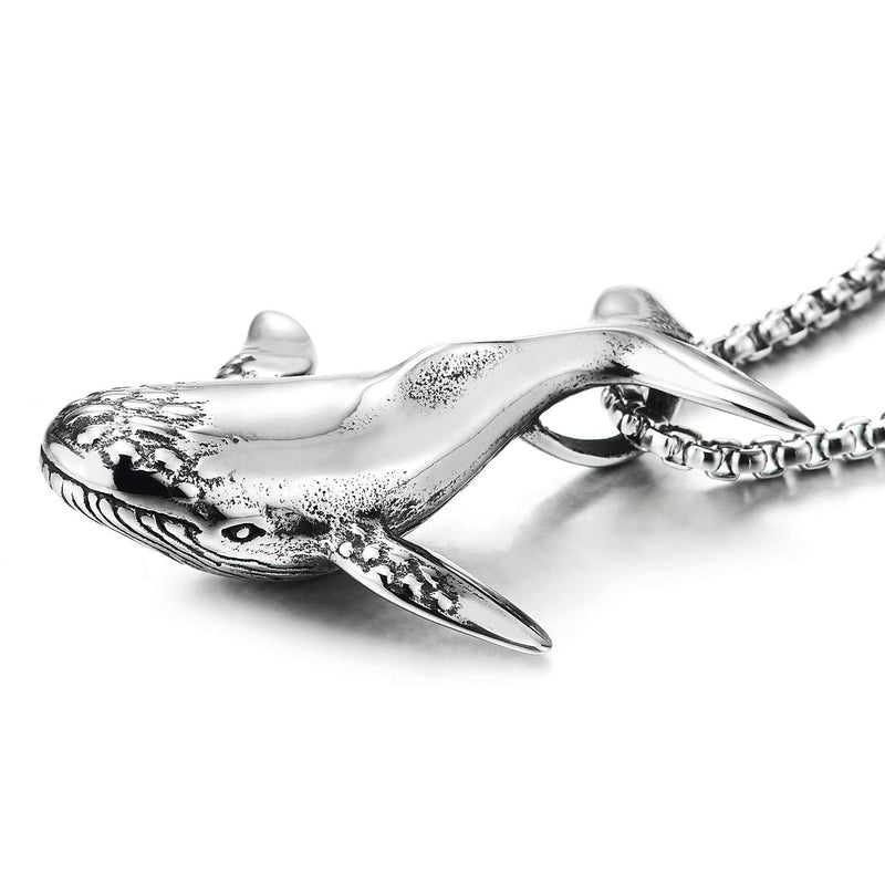 Mens Womens Stainless Steel Vintage Whale Pendant Necklace with 30 inch Wheat Chain, Unique - coolsteelandbeyond