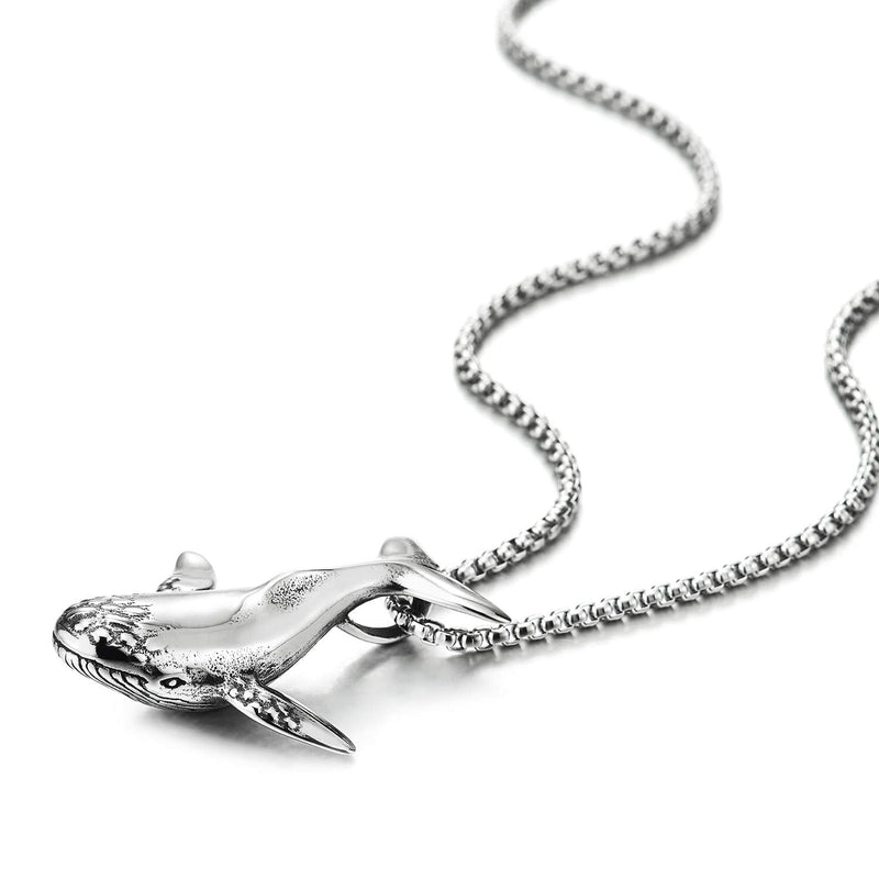 Mens Womens Stainless Steel Vintage Whale Pendant Necklace with 30 inch Wheat Chain, Unique - coolsteelandbeyond