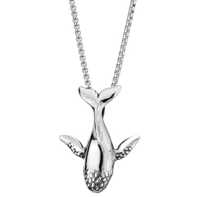 Mens Womens Stainless Steel Vintage Whale Pendant Necklace with 30 inch Wheat Chain, Unique - coolsteelandbeyond