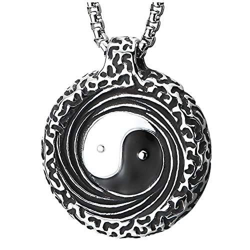 Mens Womens Steel Black White Enamel Tai Chi Yin Yang Bagua Swirl Textured Circle Medal Necklace - COOLSTEELANDBEYOND Jewelry