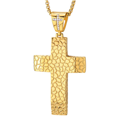Mens Womens Steel Gold Color Grooved Pattern Cross Pendant Necklace with Cubic Zirconia