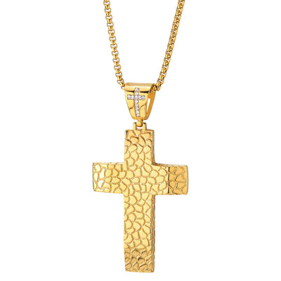 Mens Womens Steel Gold Color Grooved Pattern Cross Pendant Necklace with Cubic Zirconia