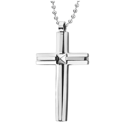 Minimalist Mens Womens Steel Pyramid Cross Pendant Necklace with 30 inches Ball Chain, Two-layers - coolsteelandbeyond