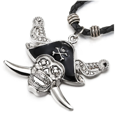 Punk Rock Pirate Skull with Swords Pendant Mens Necklace with Adjustable Black Leather Cord