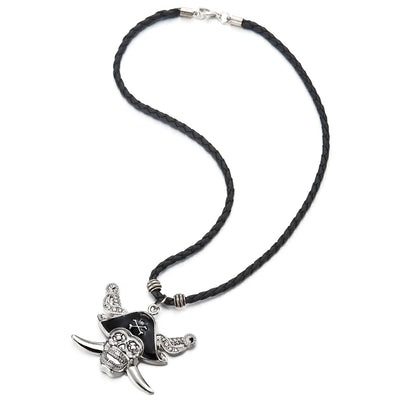 Punk Rock Pirate Skull with Swords Pendant Mens Necklace with Adjustable Black Leather Cord