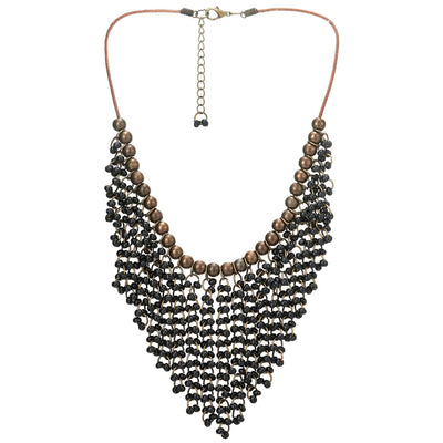 Red Wood Beads Tassel Statement Necklace Bib Collar Multilayer Pendant with Aged Brass Beads, Dress