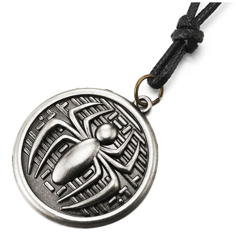 Retro Circles Charm of Spider Pendant Mens Women Necklace with Adjustable Black Leather Cord - COOLSTEELANDBEYOND Jewelry