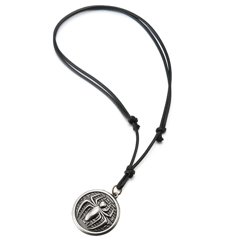 Retro Circles Charm of Spider Pendant Mens Women Necklace with Adjustable Black Leather Cord - COOLSTEELANDBEYOND Jewelry
