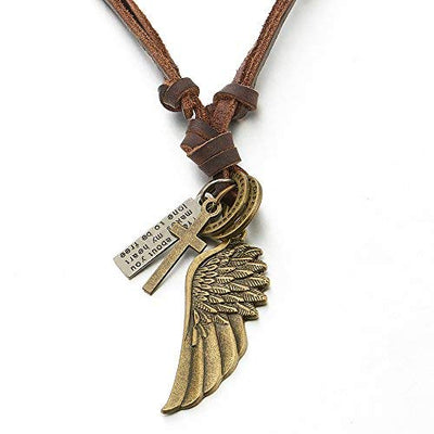 Retro Style Angel Wing Pendant Unisex Necklace for Men for Women with Adjustable Leather Cord - COOLSTEELANDBEYOND Jewelry