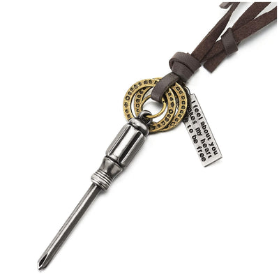 Screwdriver Circles Pendant Necklace for Mens with Adjustable Brown Leather Cord