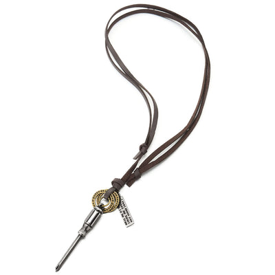 Screwdriver Circles Pendant Necklace for Mens with Adjustable Brown Leather Cord