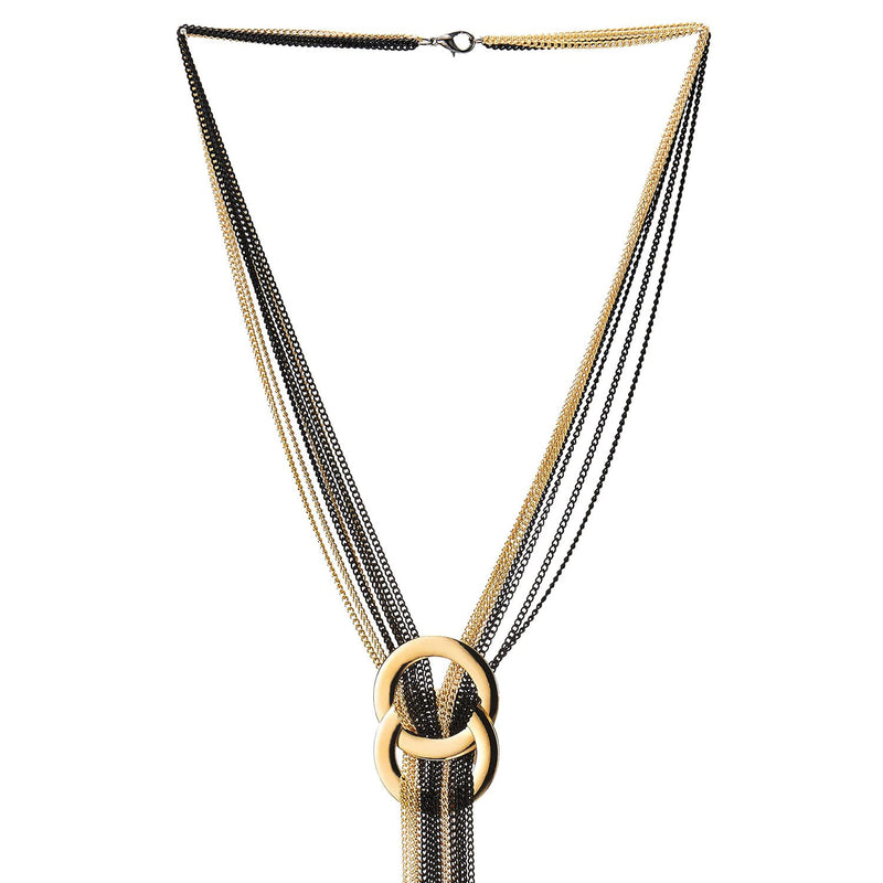 Silver Black Multi-Strand Chains Necklace Two Interlocking Circles Charm Long Tassel Pendant