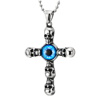 Stainless Steel Mens Womens Vintage Skull Blue Evil Eye Cross Pendant Necklace , 30 in Ball Chain - COOLSTEELANDBEYOND Jewelry