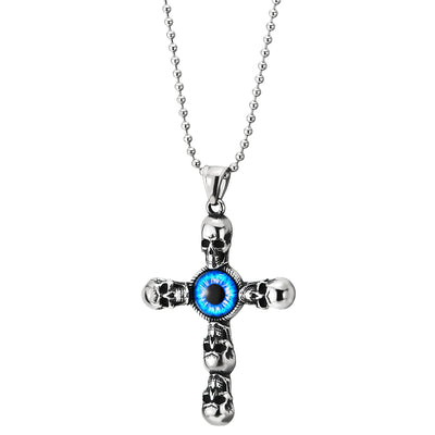 Stainless Steel Mens Womens Vintage Skull Blue Evil Eye Cross Pendant Necklace , 30 in Ball Chain - COOLSTEELANDBEYOND Jewelry