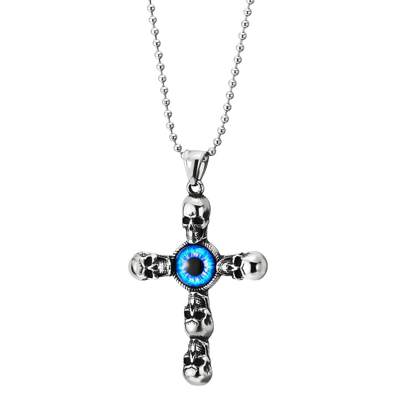 Stainless Steel Mens Womens Vintage Skull Blue Evil Eye Cross Pendant Necklace , 30 in Ball Chain - COOLSTEELANDBEYOND Jewelry