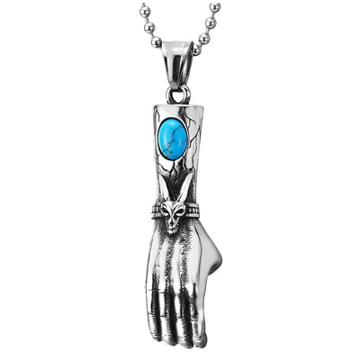 Steel Mens Vintage Hand Glove Pendant Necklace with Goat Head, Oval Gem Stone Turquoise, 30 in Chain