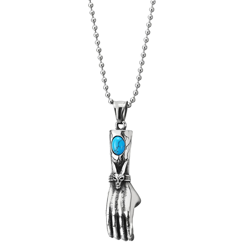 Steel Mens Vintage Hand Glove Pendant Necklace with Goat Head, Oval Gem Stone Turquoise, 30 in Chain