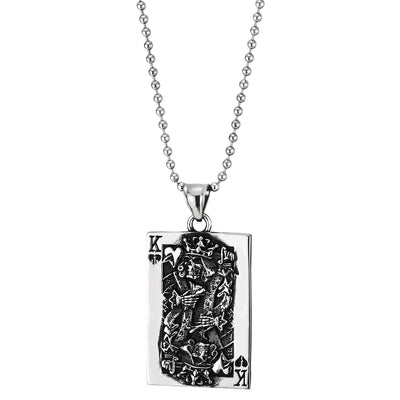 Steel Vintage Convex Spade King Card Poker Pendant Necklace with Tribal Tattoo Graphic, Two-sided