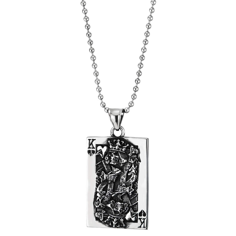 Steel Vintage Convex Spade King Card Poker Pendant Necklace with Tribal Tattoo Graphic, Two-sided