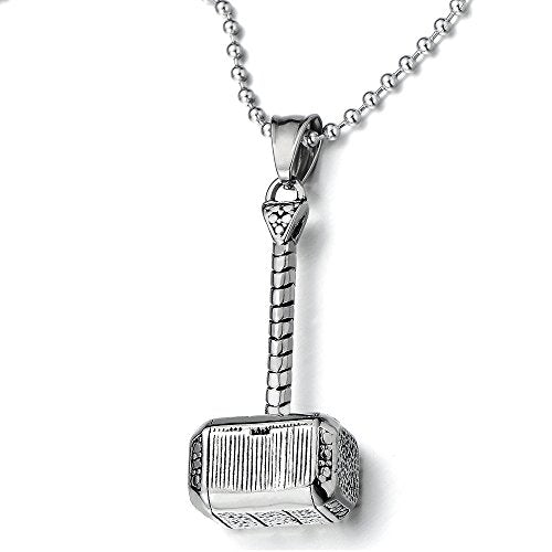 COOLSTEELANDBEYOND Stainless Steel Thors Hammer Pendant Necklace for Man with 23.6 inches Ball Chain - coolsteelandbeyond