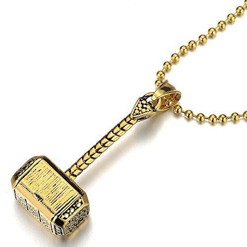 COOLSTEELANDBEYOND Stainless Steel Thors Hammer Pendant Necklace for Man with 23.6 inches Ball Chain - coolsteelandbeyond